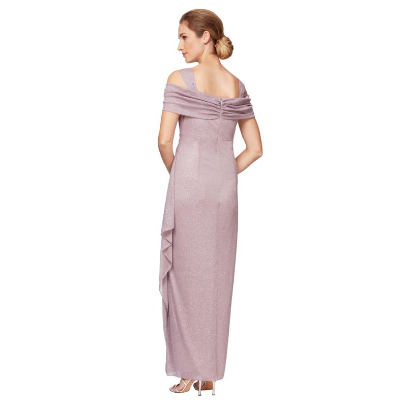 Alex Evenings Womens Long Glitter Mesh Cold Shoulder (Petite and Regular) Special Occasion Dress, Mauve Glitter, 12 US - Image 3